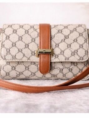 Designer-Inspired Beige Monogram Crossbody Bag with Tan Trim